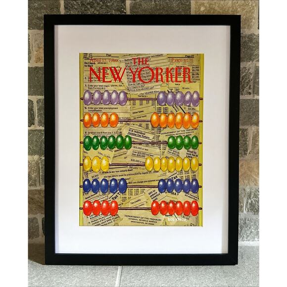 Framed 1989 New Yorker Magazine April 17 Bob Knox Jelly Bean Abacus Tax Returns - Picture 1 of 4